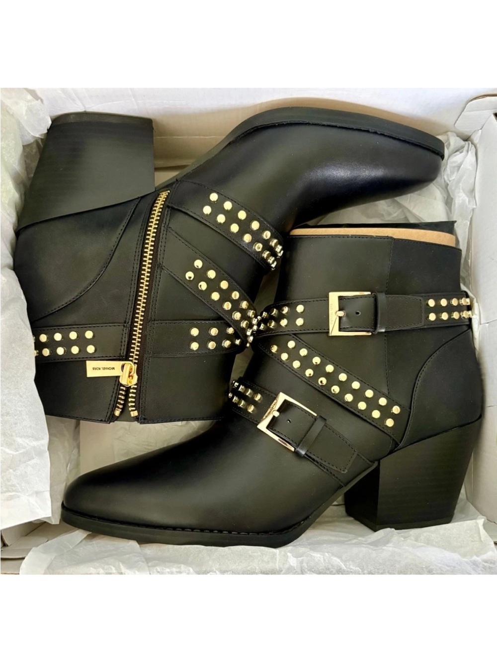NEW MICHAEL KORS MK KARA Black Leather Gold Stud Zip Heel Bootie Moto WMNS 9 BOX